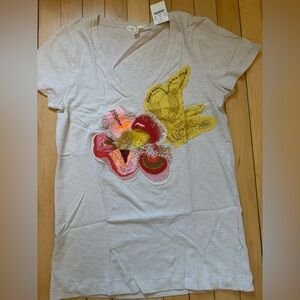 J CREW Floral appliqué embellished t-shirt Orange pink & Taupe Size XL NWT